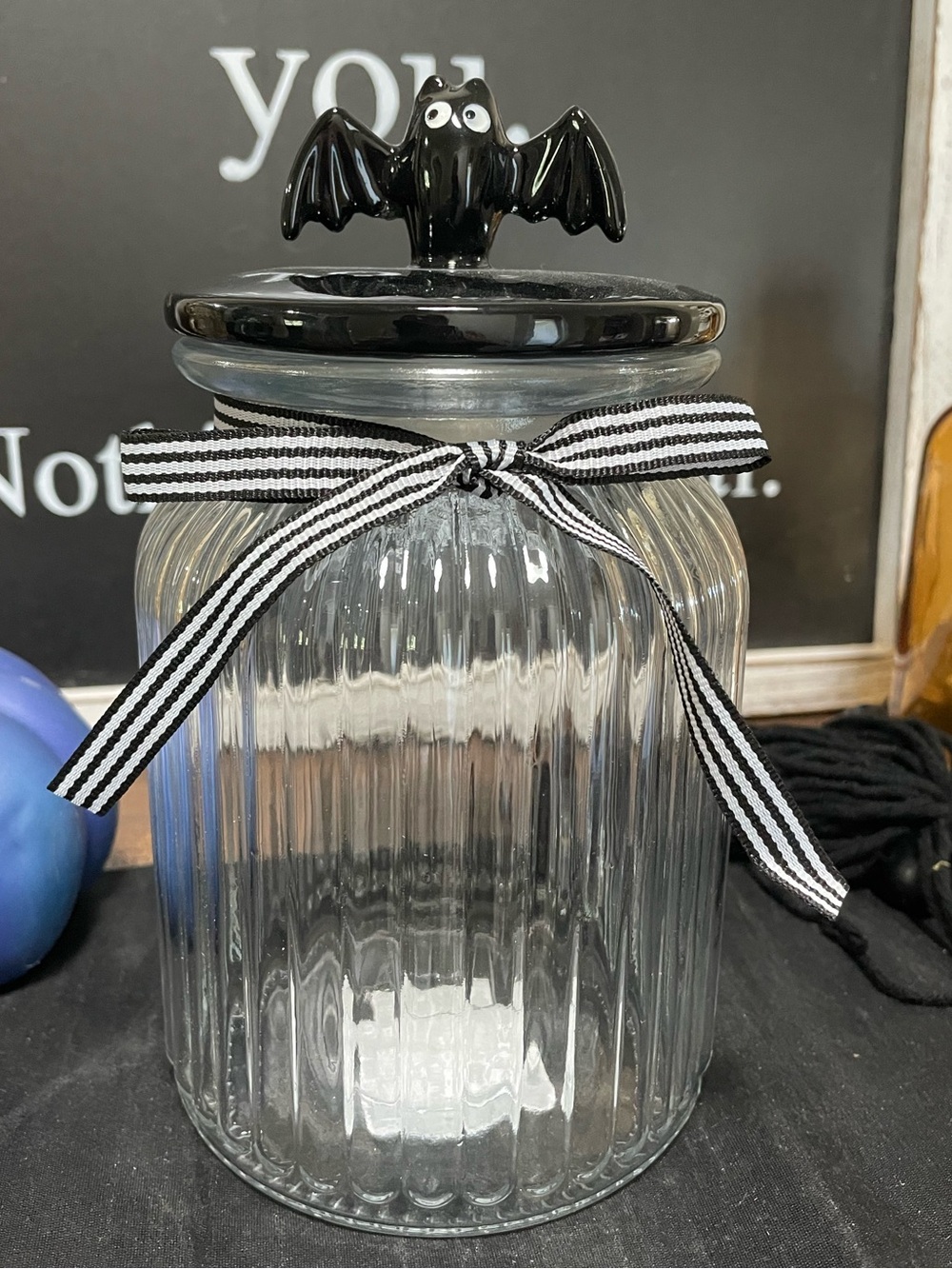 NEW Glass Candy Jar with Black Bat Lid and Striped Bow